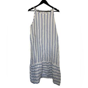 Lungo L'arno 100% Linen Midi Dress Vertical Striped Flounce Large Made in Italy